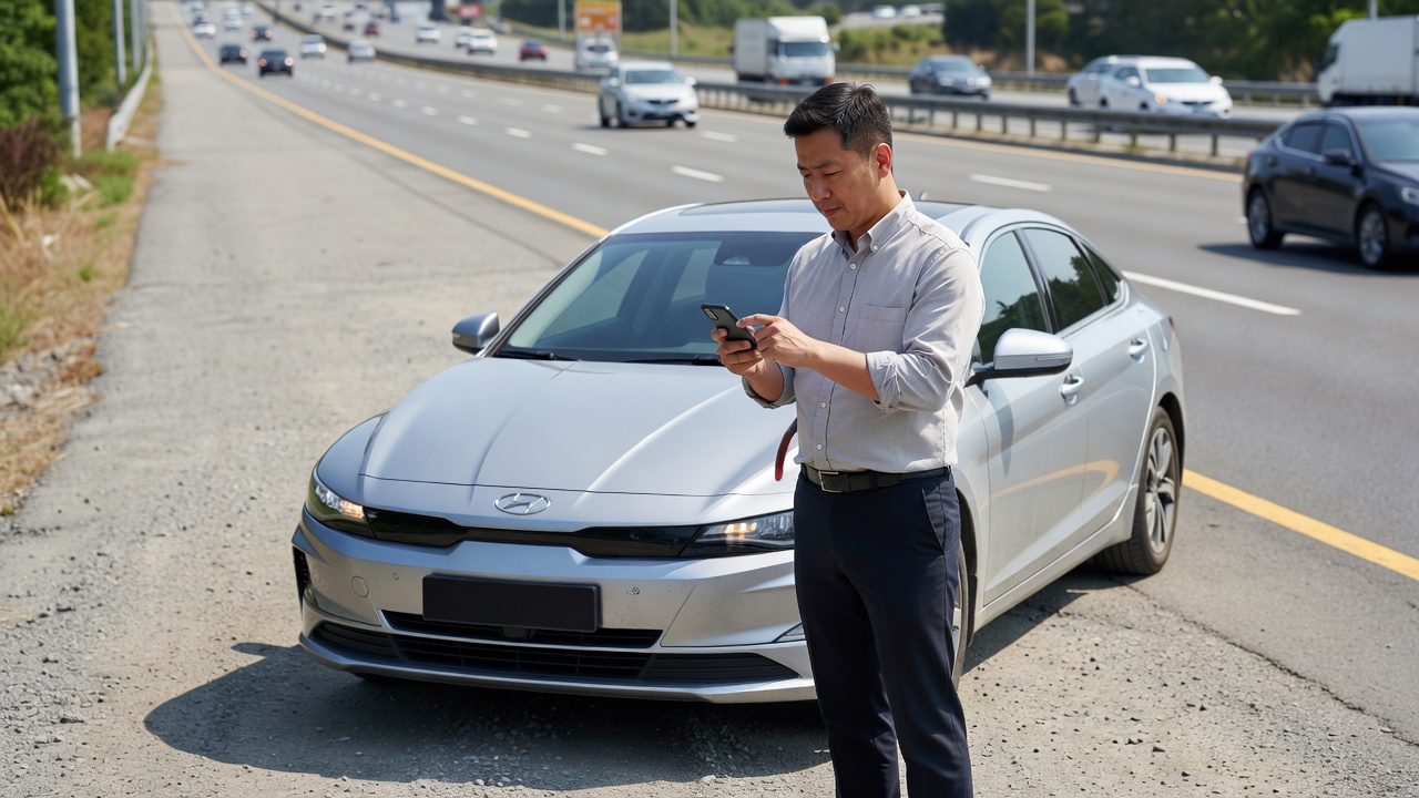 KB손해보험 긴급출동 서비스 개요를 보여주는 고속도로 roadside assistance 장면