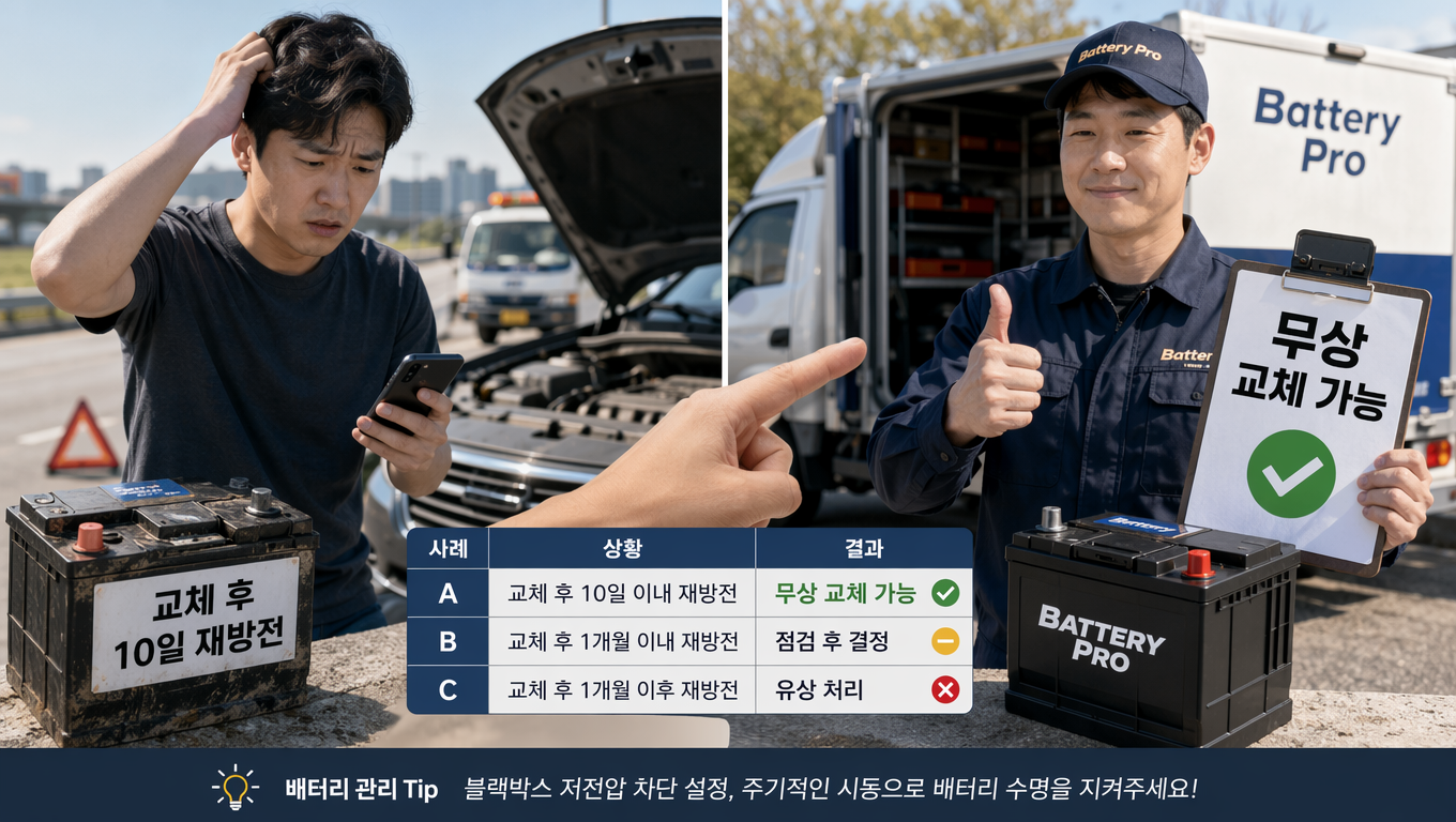 배터리 방전 출동 서비스로 교체한 배터리가 10일 만에 또 방전되면 무상 교체가 될까