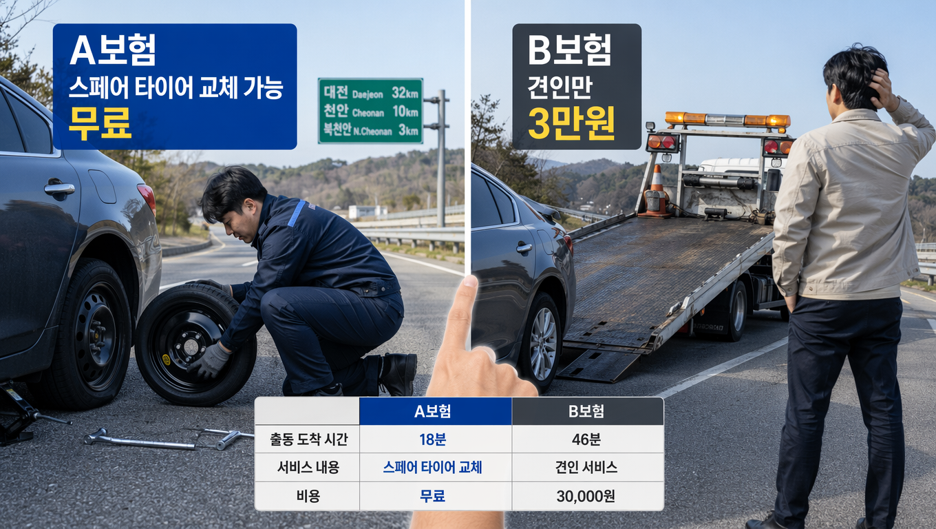 보험회사 긴급출동과 타이어 펑크 교체 안내