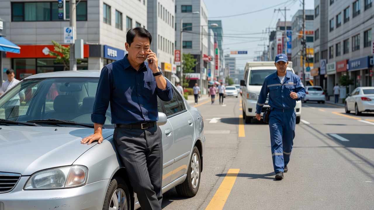 보험사 긴급출동 신청 후 기사 도착 장면
