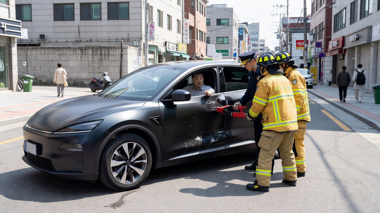 차문 열림 출동이 필요한 전기차 사고 현장 모습