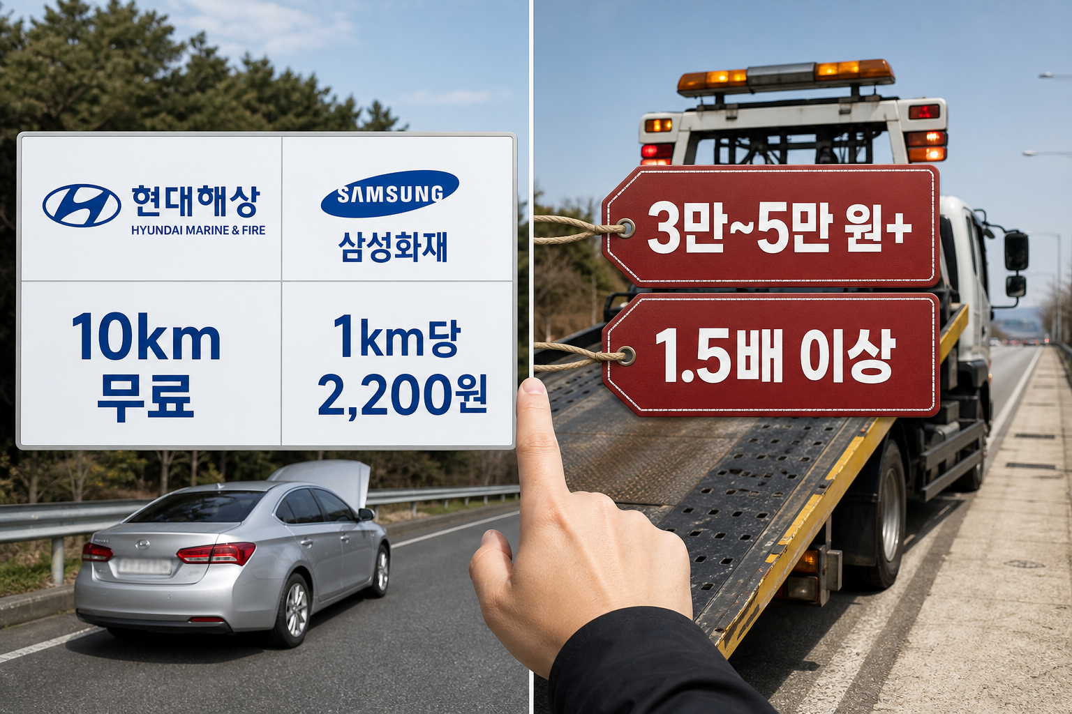 긴급 견인 서비스 거리별 요금과 보험·사설 비교표