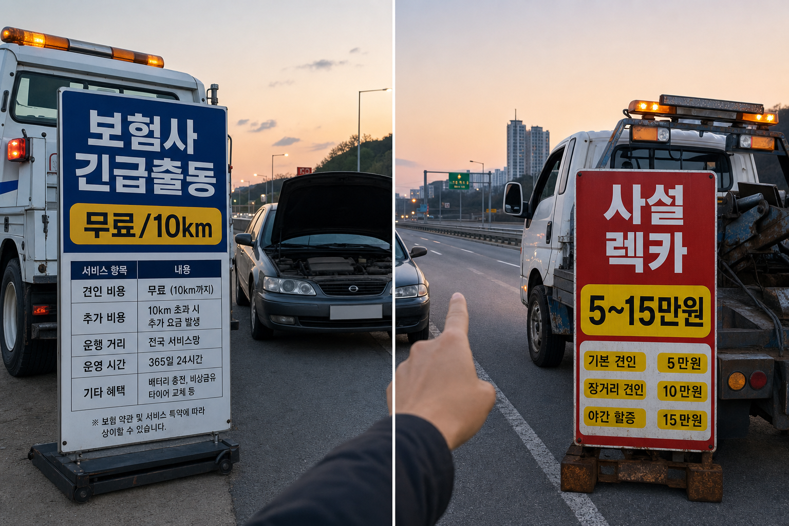 보험사 긴급출동 vs 사설 렉카 비용·범위 비교표